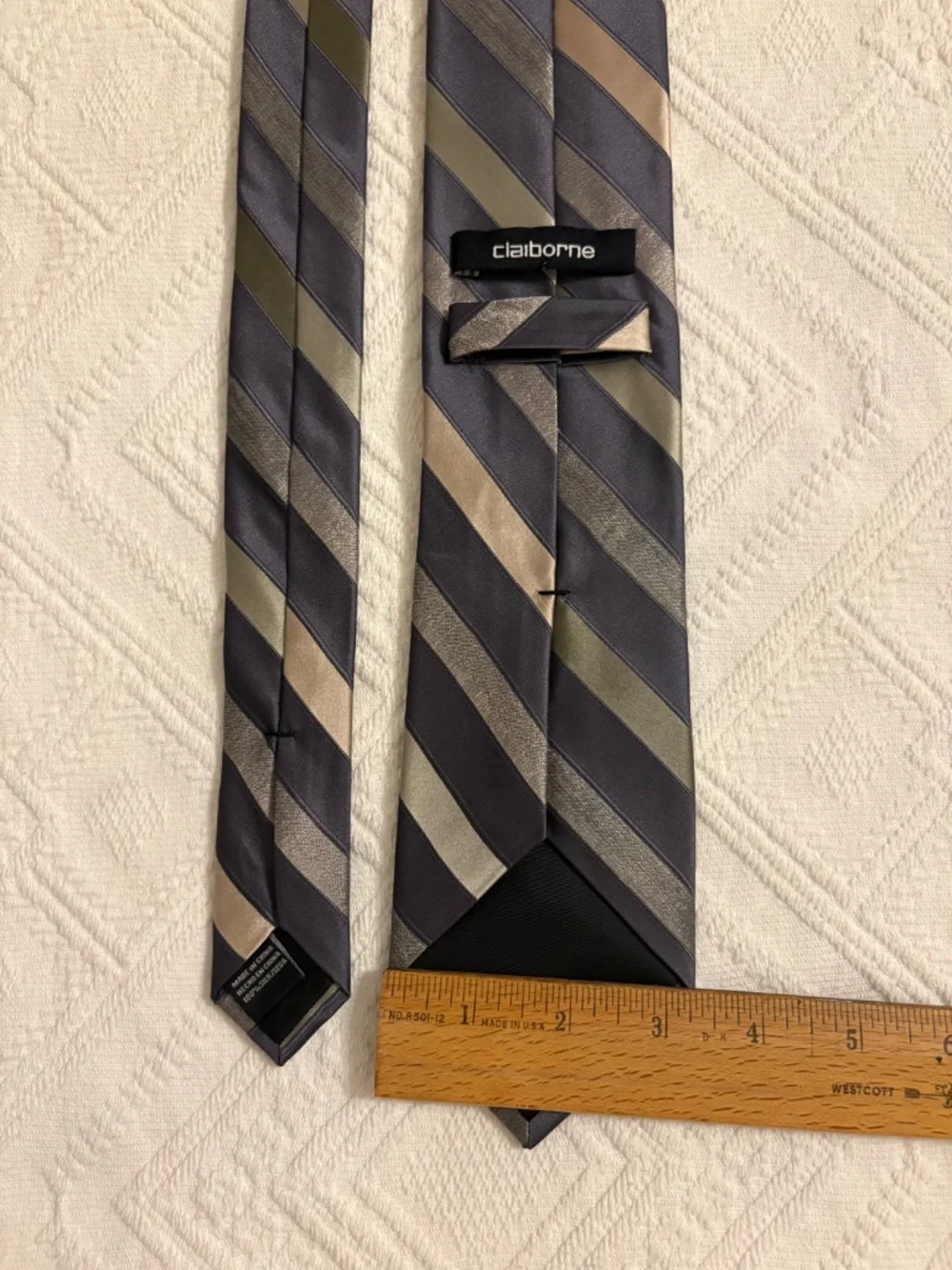 Vintage Claiborne Silk Blend Striped Tie Grey Olive Champagne Metallic